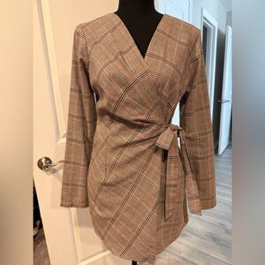 Long Sleeve Checkered Wrap Dress - Brown and Red